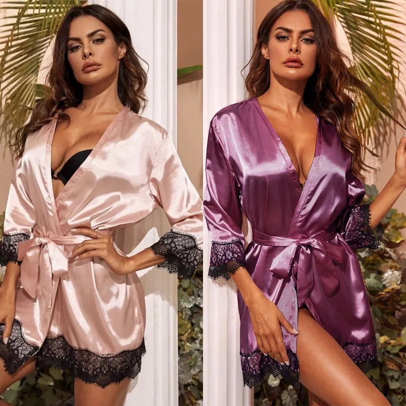 Elvara Lace Trim Satin Robe - vetitus -