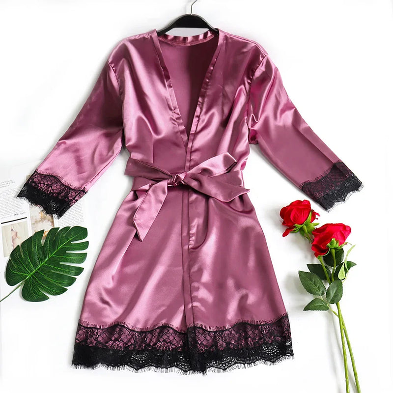 Elvara Lace Trim Satin Robe - vetitus -