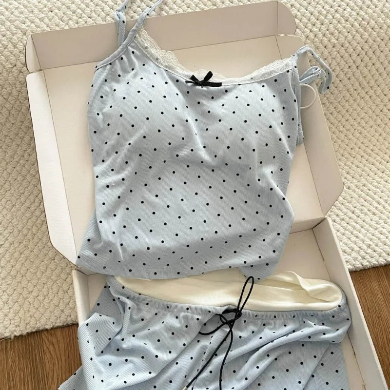 Women's Polka Dot Lace Cami & Shorts Pajama Set Summer Sweet Soft Lounge Wear 2 Piece Set Casual Sleeveless Sleepwear