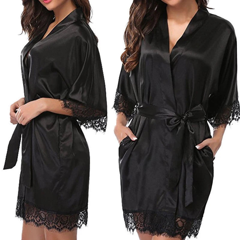 Veloria Lace Trim Satin Robe - vetitus -