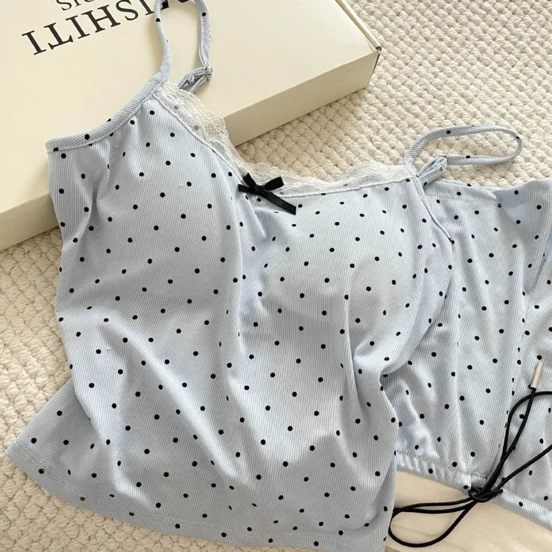 Women's Polka Dot Lace Cami & Shorts Pajama Set Summer Sweet Soft Lounge Wear 2 Piece Set Casual Sleeveless Sleepwear