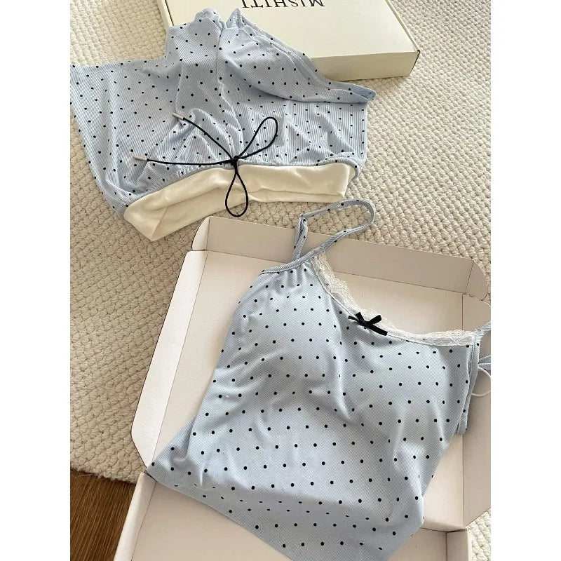 Women's Polka Dot Lace Cami & Shorts Pajama Set Summer Sweet Soft Lounge Wear 2 Piece Set Casual Sleeveless Sleepwear