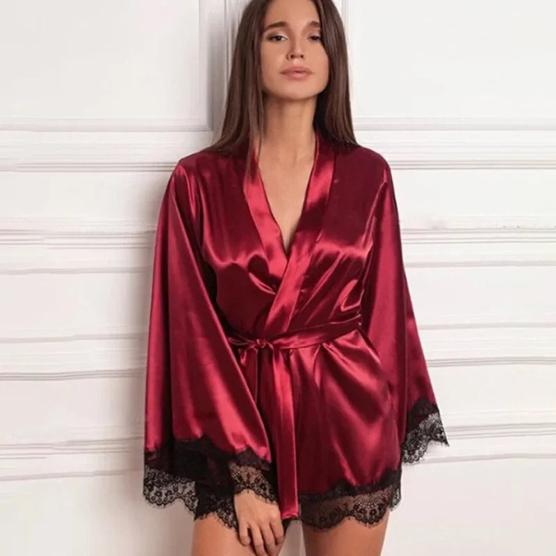 Elvara Lace Trim Satin Robe - vetitus -