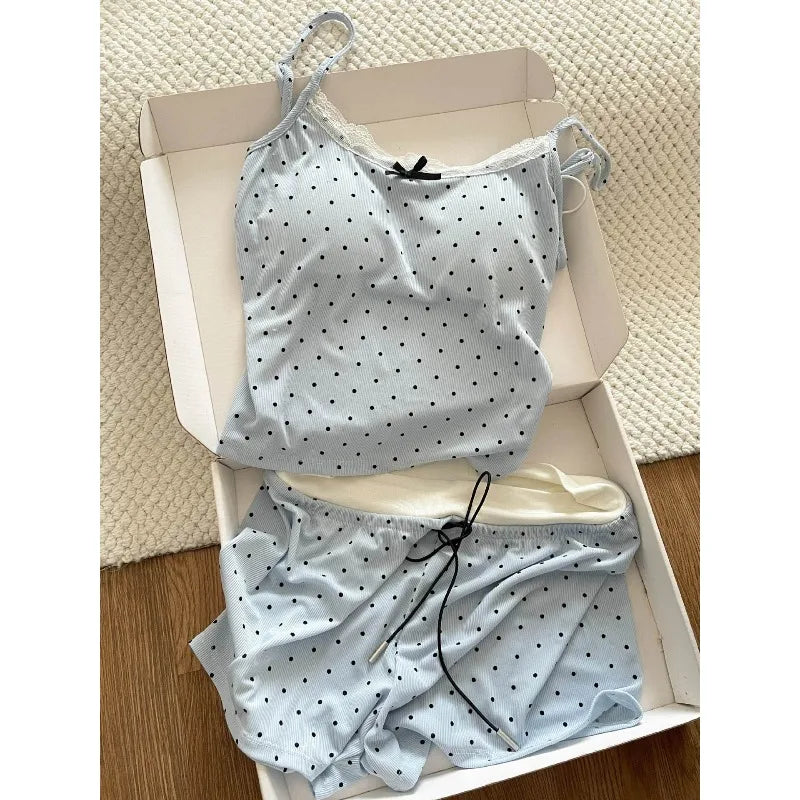 Women's Polka Dot Lace Cami & Shorts Pajama Set Summer Sweet Soft Lounge Wear 2 Piece Set Casual Sleeveless Sleepwear