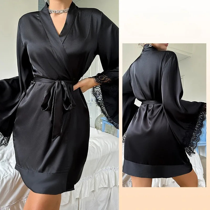 Elowen Lace Sleeve Satin Robe - vetitus -