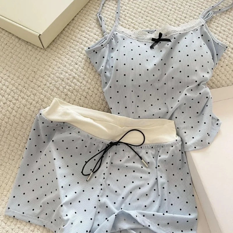 Women's Polka Dot Lace Cami & Shorts Pajama Set Summer Sweet Soft Lounge Wear 2 Piece Set Casual Sleeveless Sleepwear