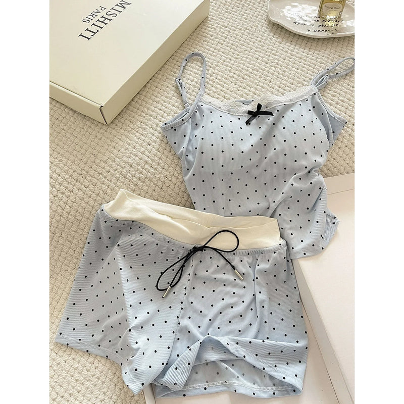 Women's Polka Dot Lace Cami & Shorts Pajama Set Summer Sweet Soft Lounge Wear 2 Piece Set Casual Sleeveless Sleepwear