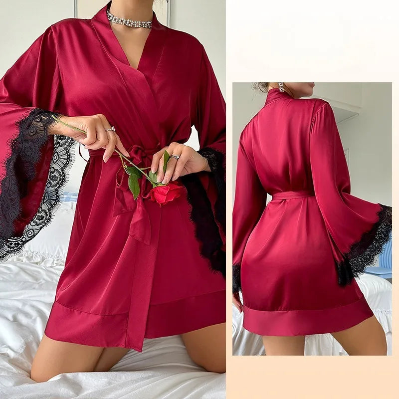 Elowen Lace Sleeve Satin Robe - vetitus -