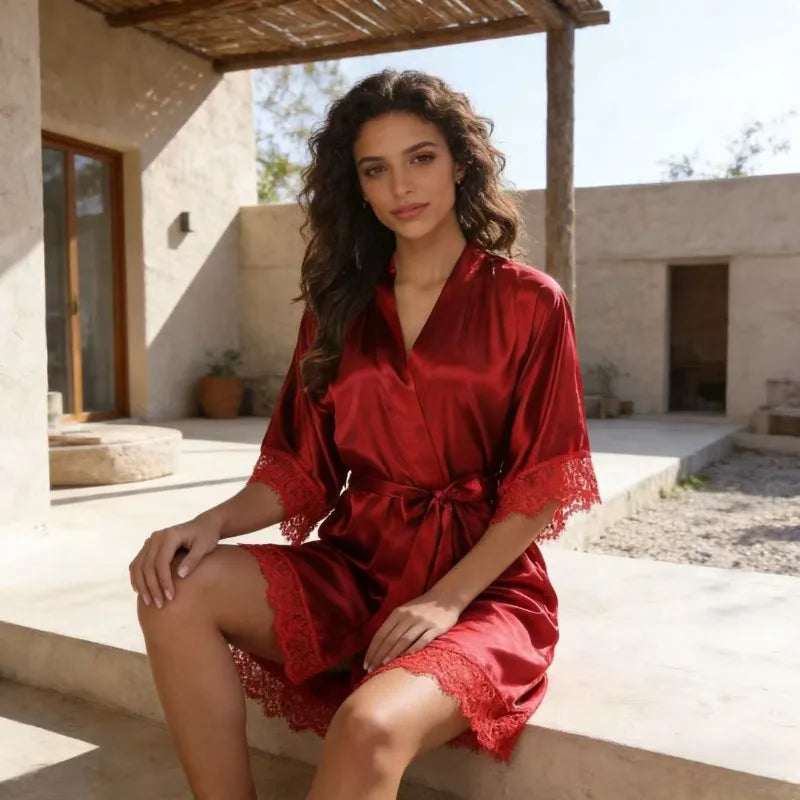 Veloria Lace Trim Satin Robe - vetitus -